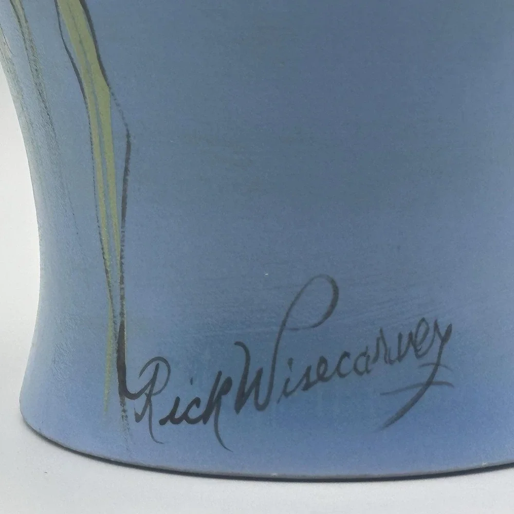 Rick Wisecarver Handcrafted Tropical Bird Ceramic Vase 1982 Green Blue 10in